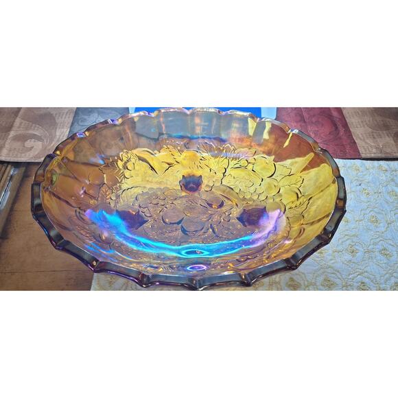 Carnival Glass 12" Oval 4- Footed Fruit Bowl- Amber- Fruit Motif- Indiana Glass - Picture 2 of 10